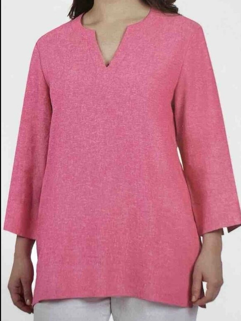 Lands' End Pink Linen Blend V-Neck Tunic Top with Pockets Size L